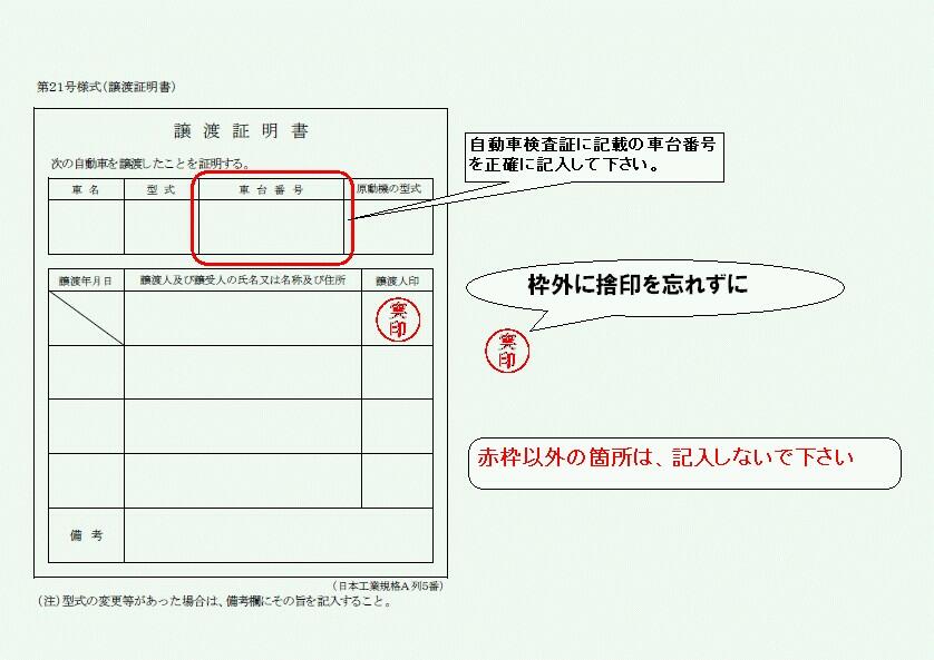 譲渡証明書の記入例